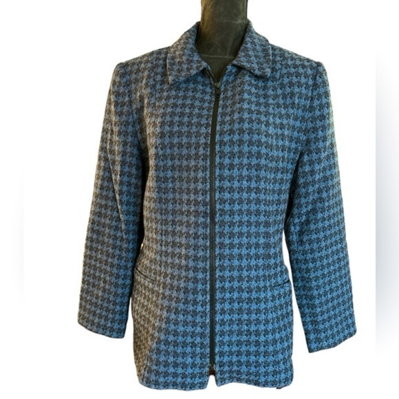 Coldwater Creek 100% Wool Shell Zip Front Blue Houndstooth Lined Blazer Size 14 - Picture 1 of 6